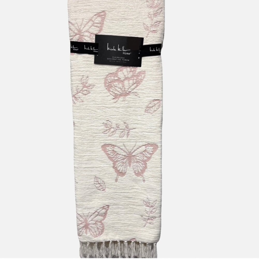 Nicole Miller Pink Butterfly Chenille Throw Blanket Oversized Ivory Tassel 50x70